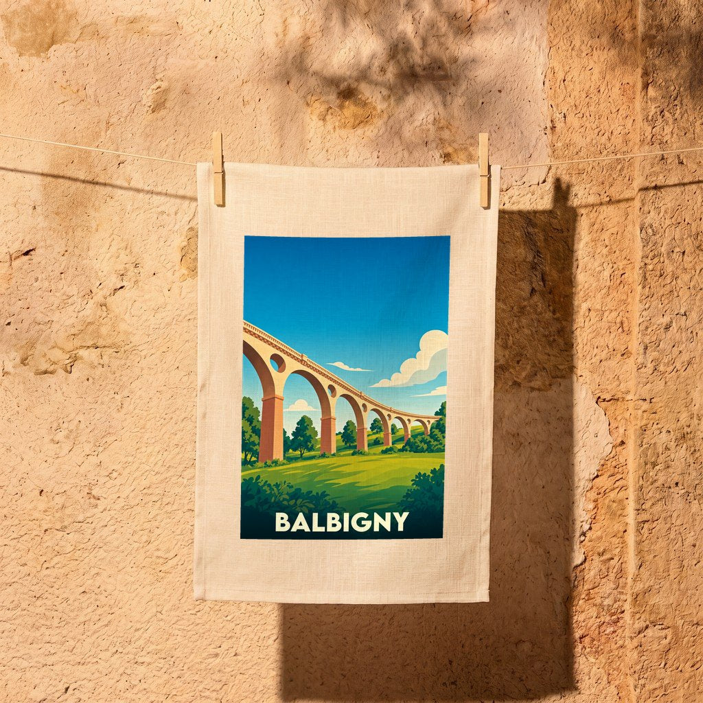 Torchon souvenir de la ville de Balbigny orné d'une illustration stylisée de son célèbre viaduc.