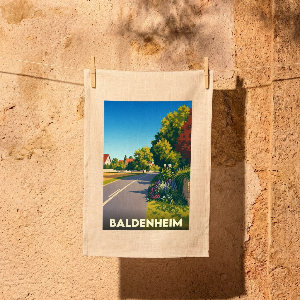 Torchon souvenir de la ville de Baldenheim avec une illustration stylisée.