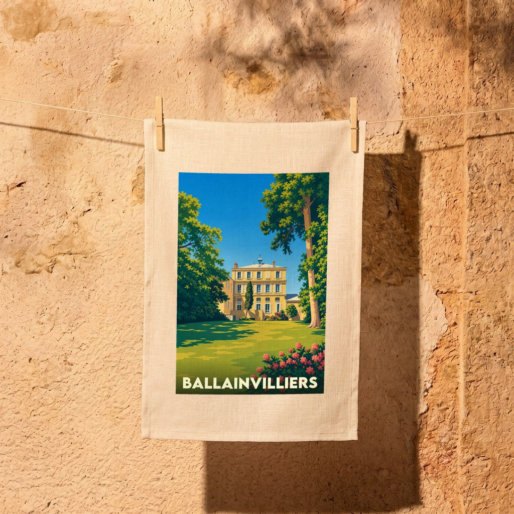 Torchon souvenir de la ville de Ballainvilliers avec une illustration stylisée d'un château dans un parc arboré.