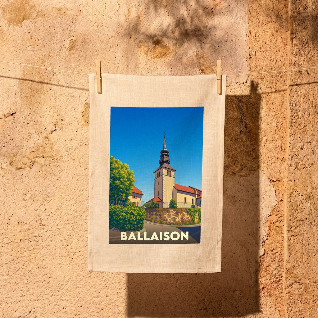 Torchon souvenir de la ville de Ballaison avec une illustration stylisée d'un clocher.