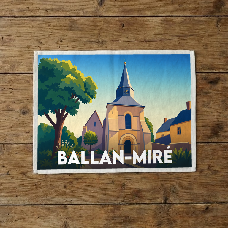 Torchon souvenir de la ville de Ballan-Miré avec une illustration stylisée de son église.