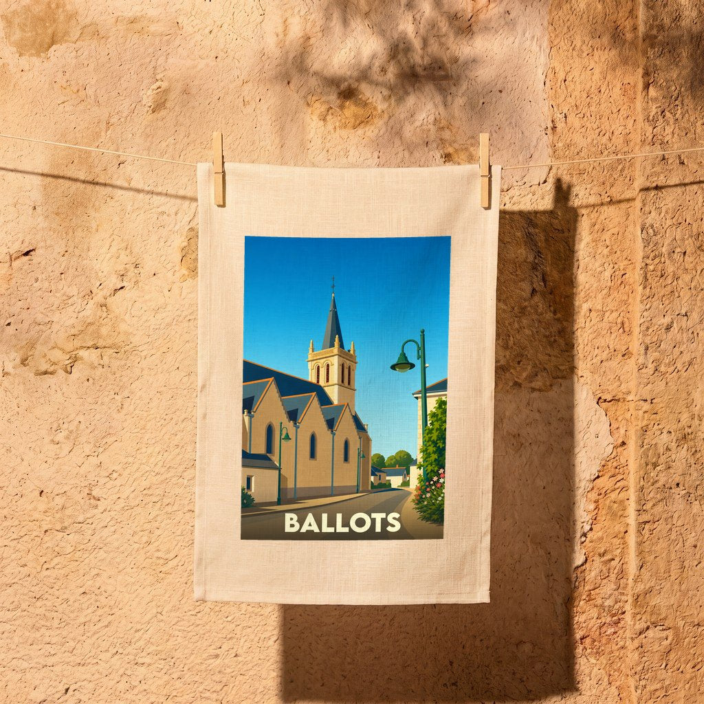 Torchon souvenir de la ville de Ballots avec une illustration stylisée d'une église et d'une rue pittoresque.