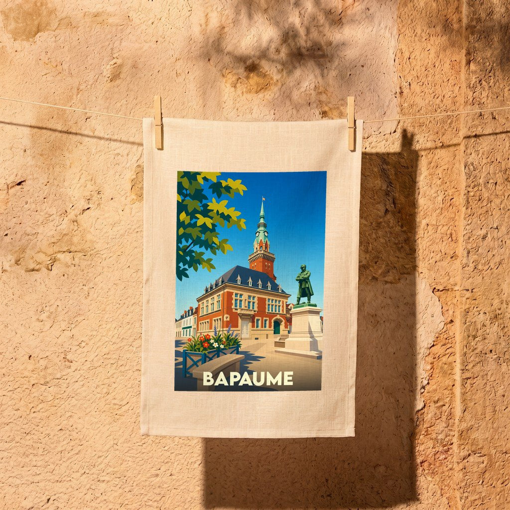 Torchon souvenir de la ville de Bapaume orné d'une illustration stylisée de son hôtel de ville.