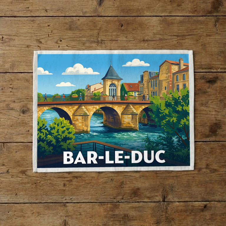 Torchon souvenir de la ville de Bar-le-Duc avec une illustration stylisée d'un pont de pierre enjambant une rivière.