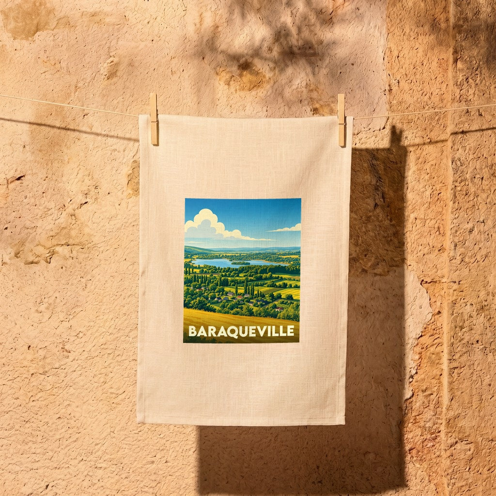 Torchon souvenir de la ville de Baraqueville orné d'une illustration paysagère stylisée.