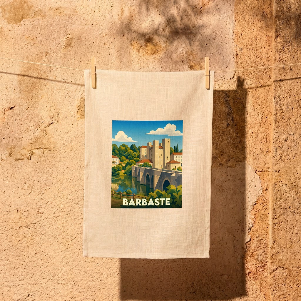 Torchon souvenir de la ville de Barbaste avec une illustration stylisée de son célèbre pont et moulin.
