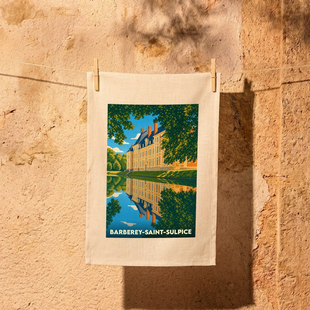 Torchon souvenir de la ville de Barberey-Saint-Sulpice avec une illustration stylisée de son château se reflétant dans l'eau.