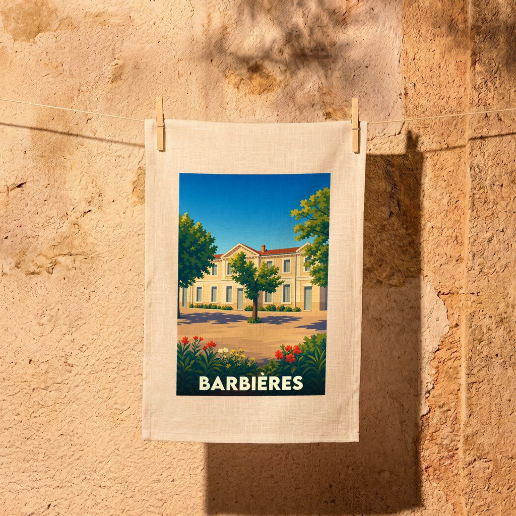 Torchon souvenir de la ville de Barbières orné d'une illustration stylisée de sa place principale.
