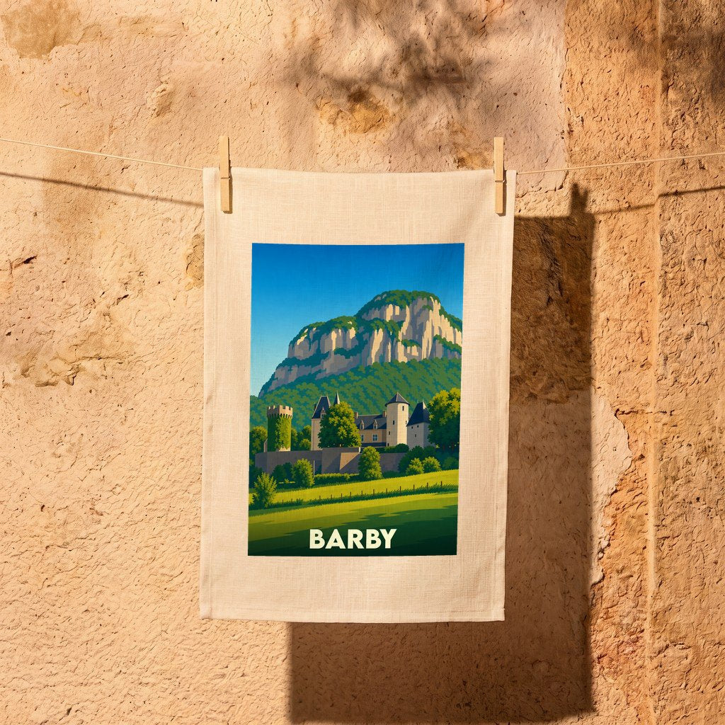 Torchon souvenir de la ville de Barby avec une illustration stylisée d'un château au pied d'une montagne.