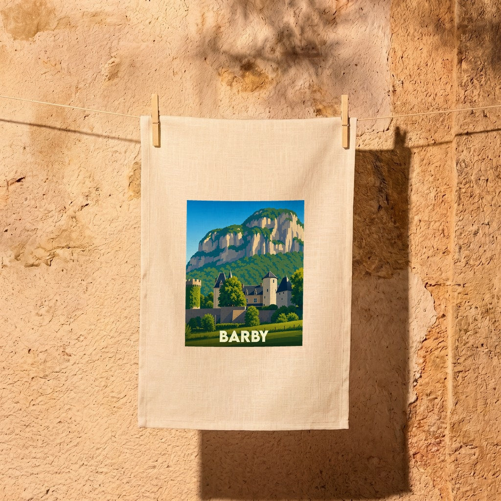 Torchon souvenir de la ville de Barby avec une illustration stylisée d'un château au pied d'une montagne.