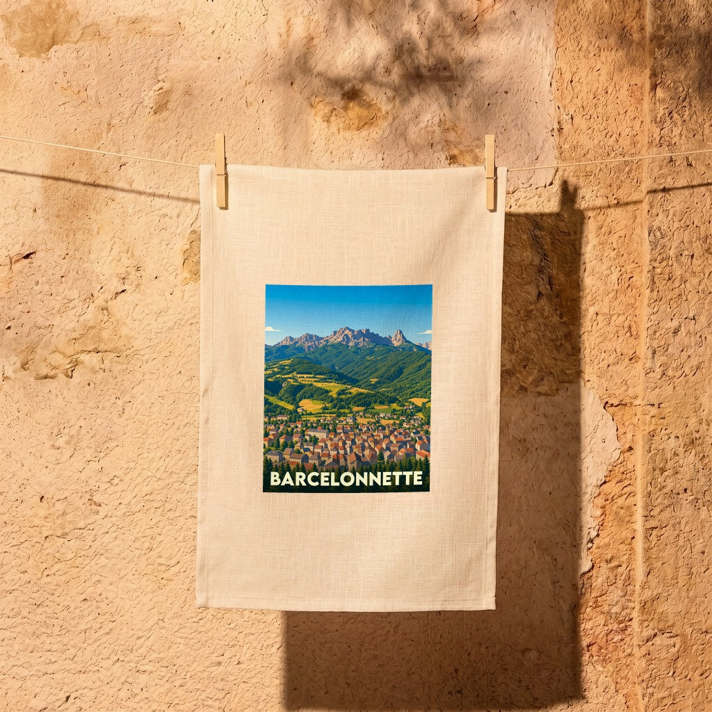 Torchon souvenir de la ville de Barcelonnette illustré d'un paysage de montagne et de forêt.