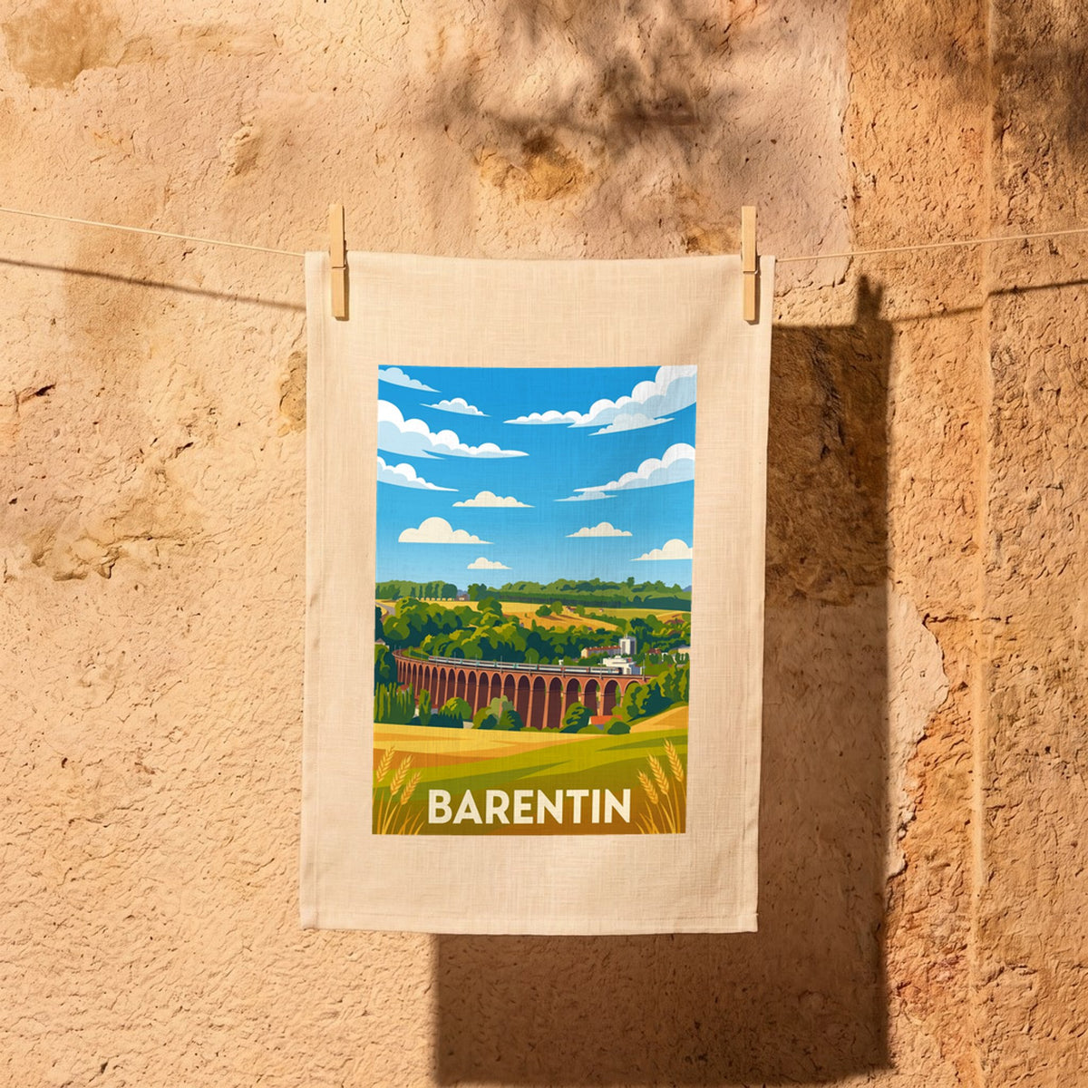 Torchon souvenir de la ville de Barentin avec une illustration stylisée de son célèbre viaduc.