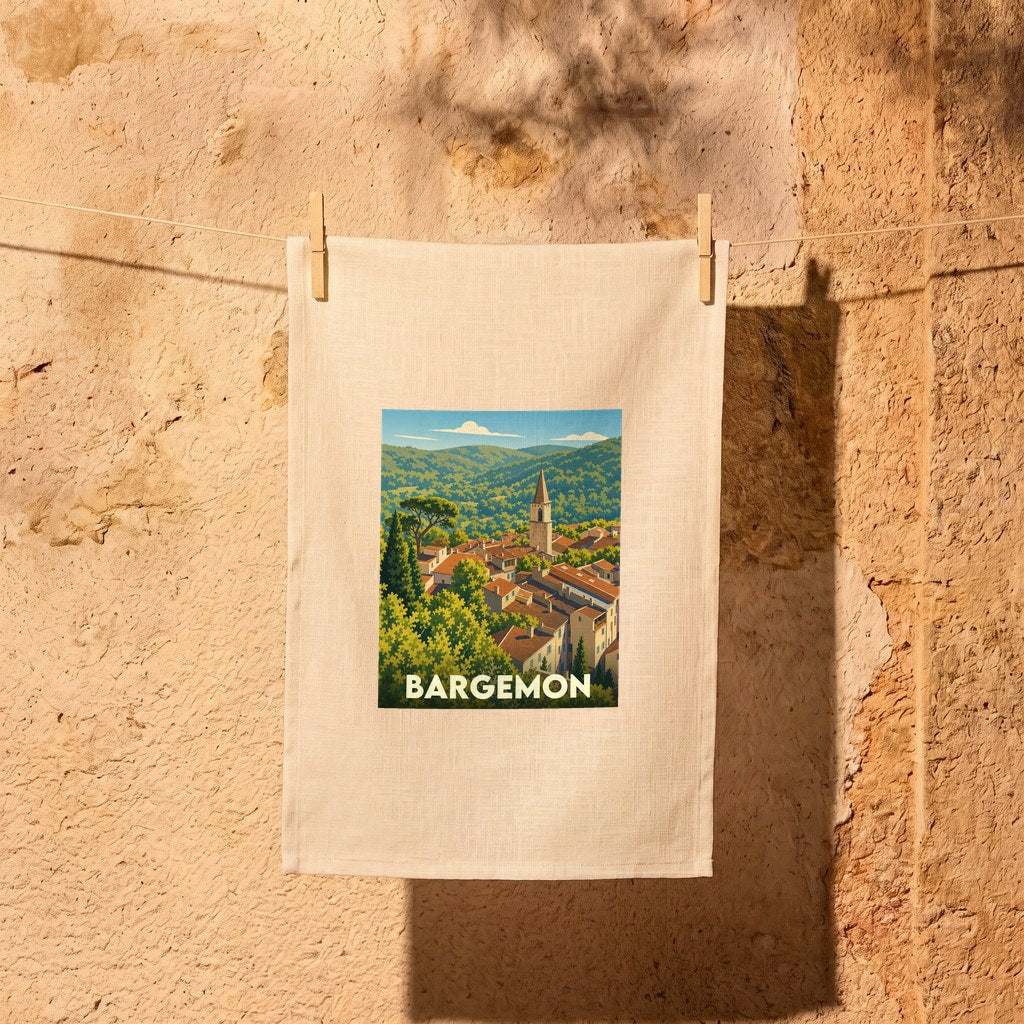 Torchon souvenir de la ville de Bargemon avec une illustration stylisée de ses paysages et de son clocher.