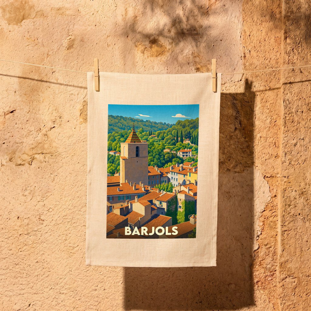 Torchon souvenir de la ville de Barjols avec une illustration stylisée.