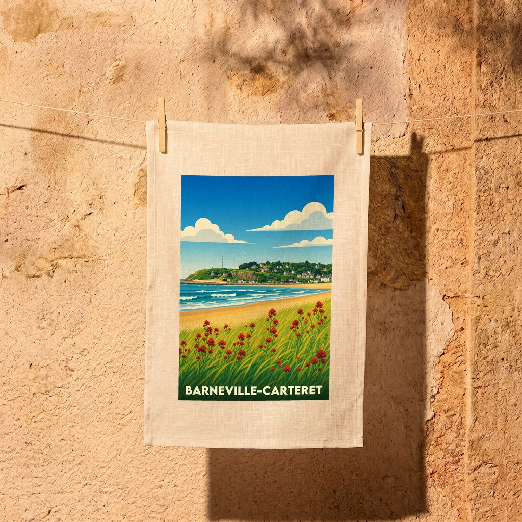 Torchon souvenir de la ville de Barneville-Carteret avec une illustration stylisée de son bord de mer.