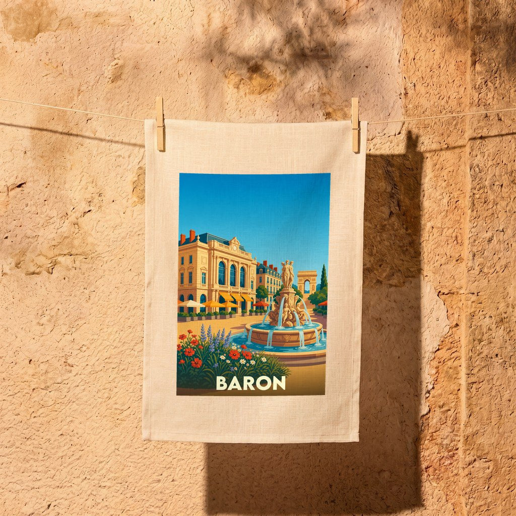 Torchon souvenir de la ville de Baron avec une illustration stylisée d'une place ensoleillée et sa fontaine.