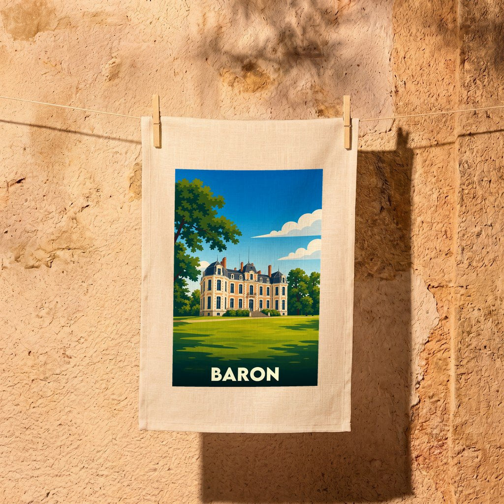Torchon souvenir de la ville de Baron illustré d'un château majestueux dans un style graphique épuré.