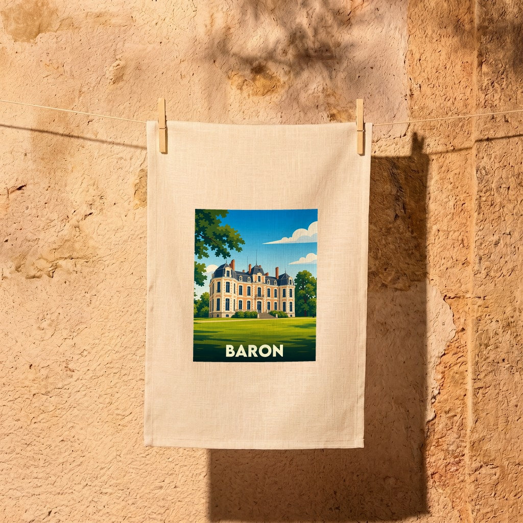 Torchon souvenir de la ville de Baron illustré d'un château majestueux dans un style graphique épuré.