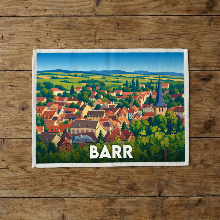 Torchon souvenir de la ville de Barr avec une illustration stylisée de ses toits et de son église.