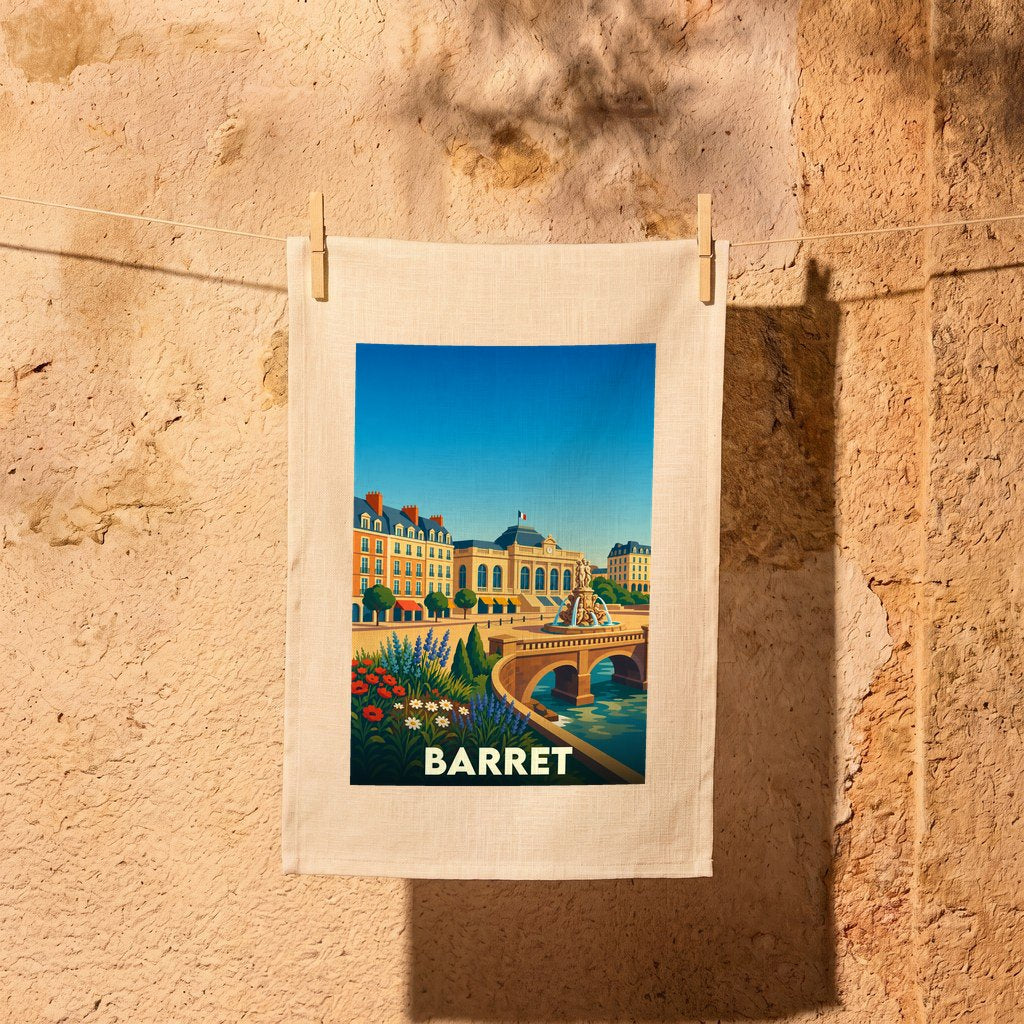 Torchon souvenir de la ville de Barret orné d'une illustration stylisée de son patrimoine.