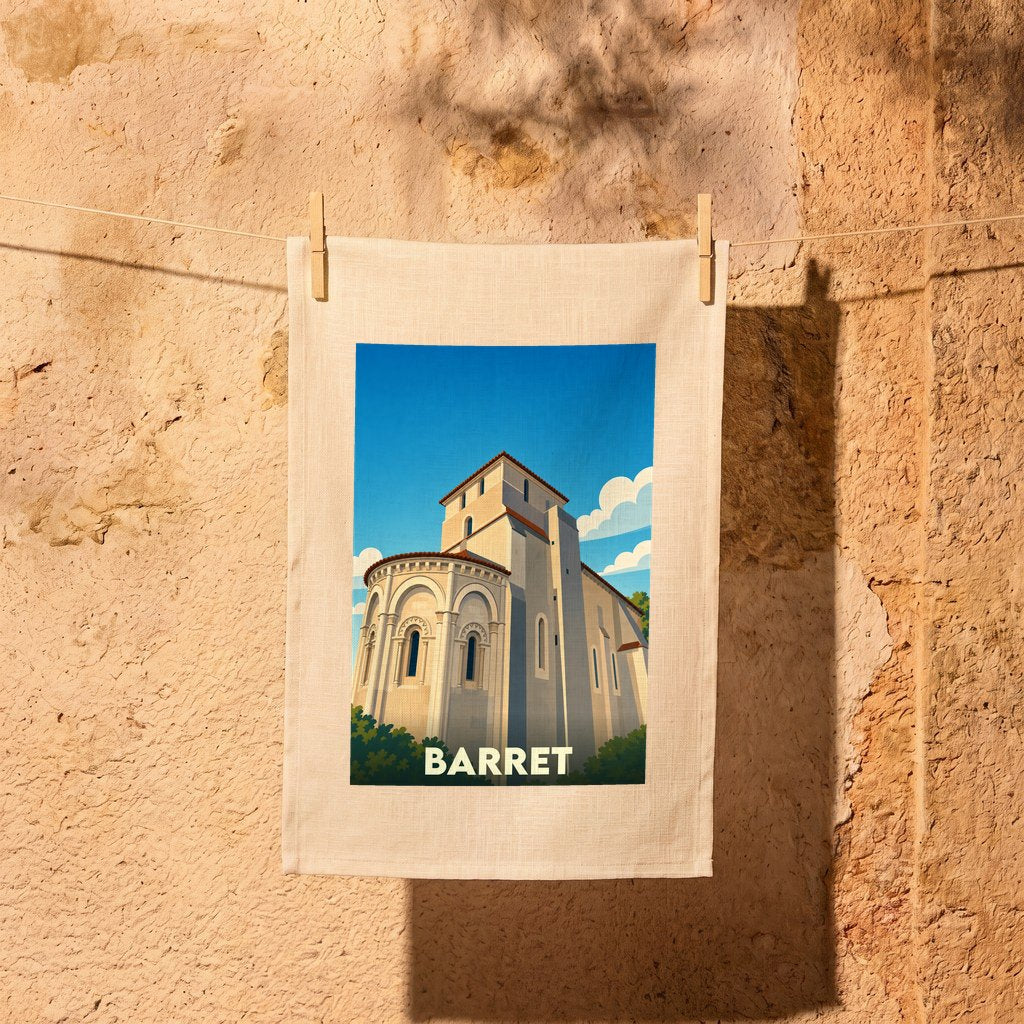 Torchon souvenir de la ville de Barret avec une illustration stylisée d'une église romane.