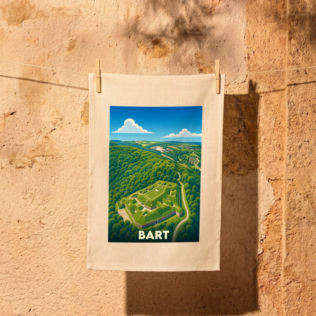 Torchon souvenir de la ville de Bart avec une illustration stylisée d'un fort dans un paysage verdoyant.
