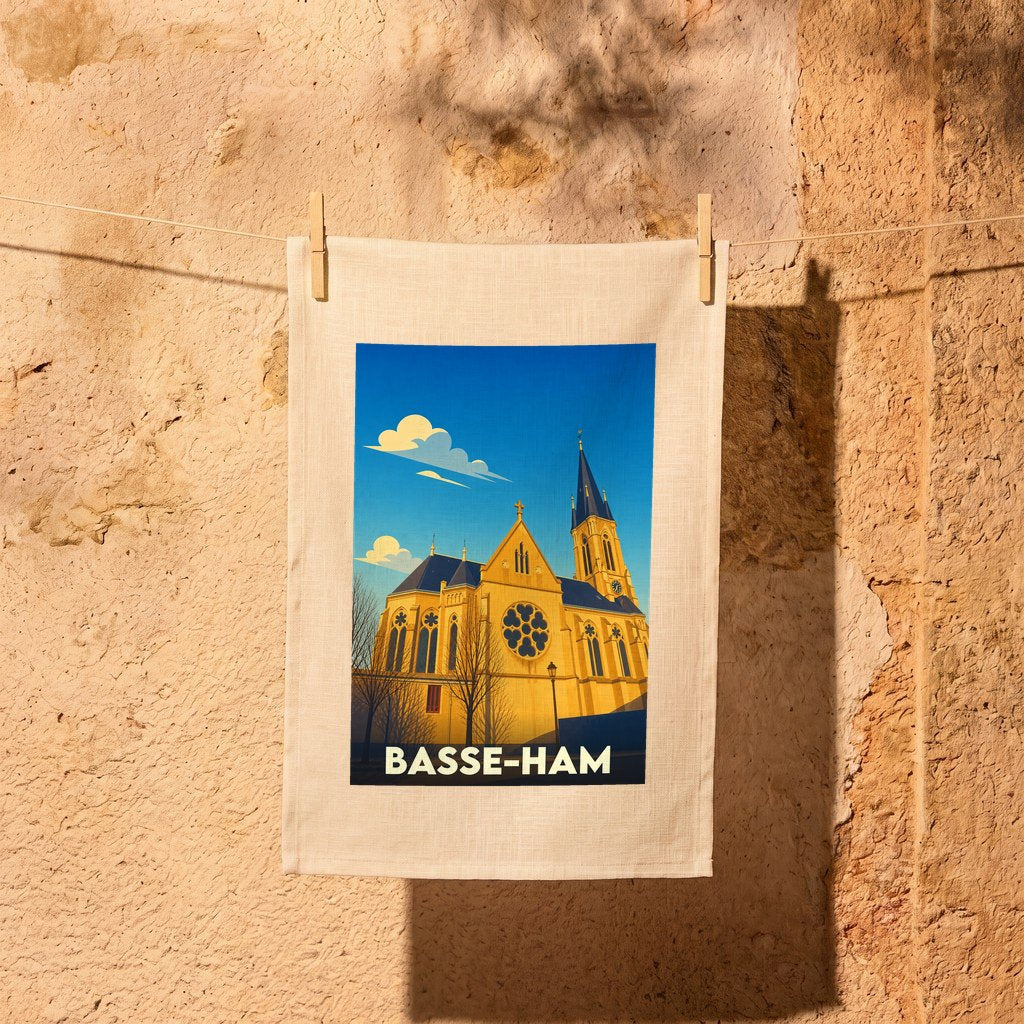 Torchon souvenir de la ville de Basse-Ham avec une illustration stylisée d'une église.