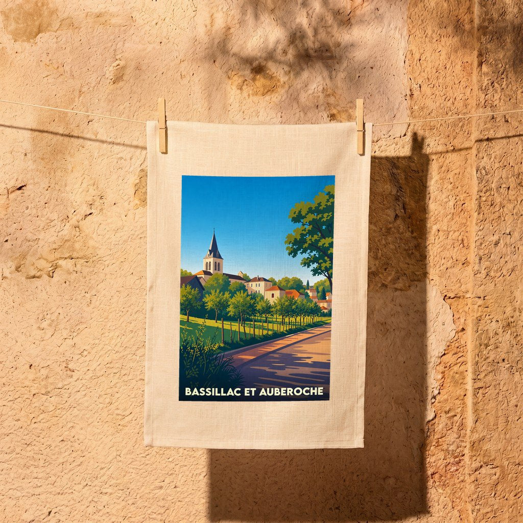 Torchon souvenir de la ville de Bassillac et Auberoche avec une illustration stylisée de son paysage urbain.