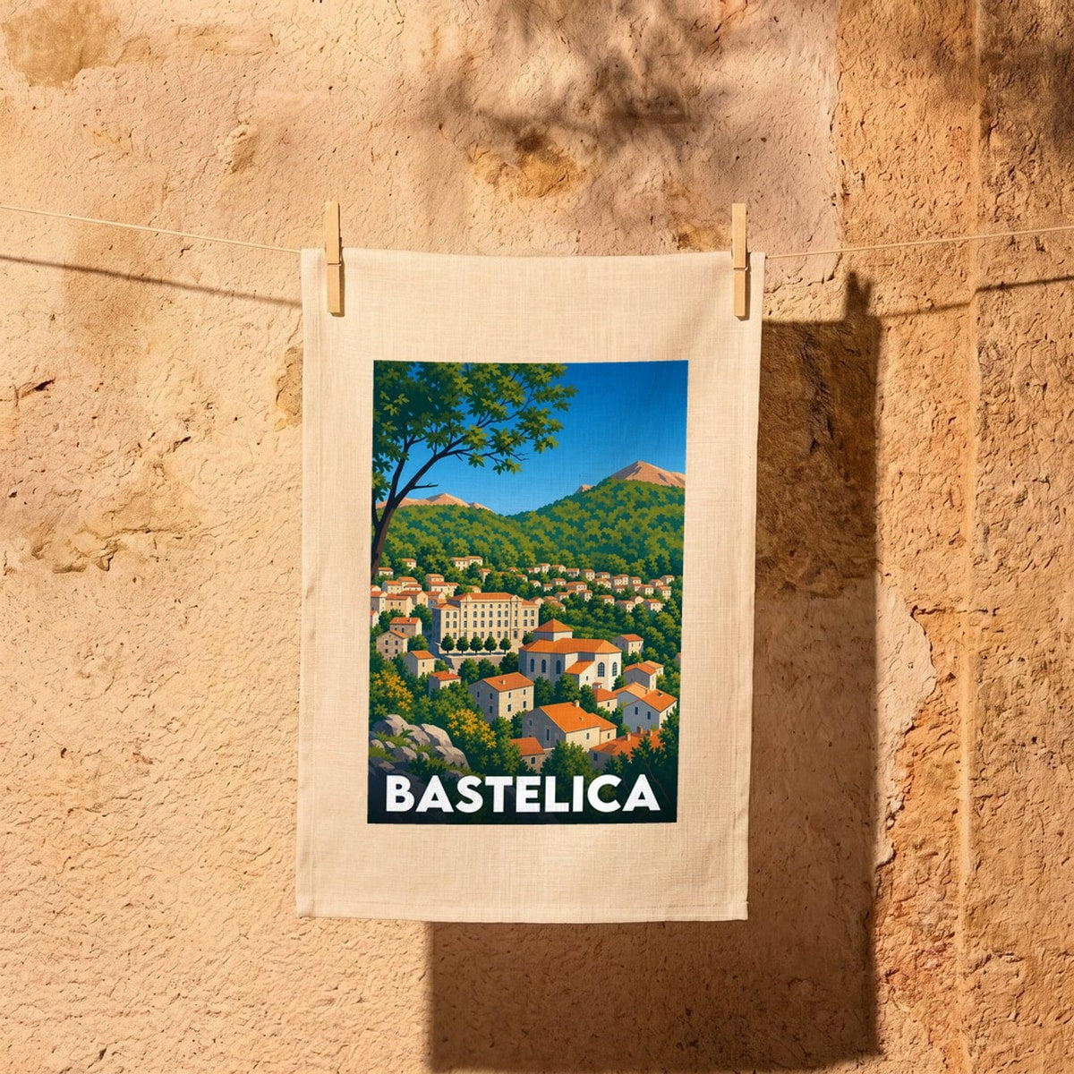 Torchon souvenir de la ville de Bastelica avec une illustration stylisée de son paysage montagnard.