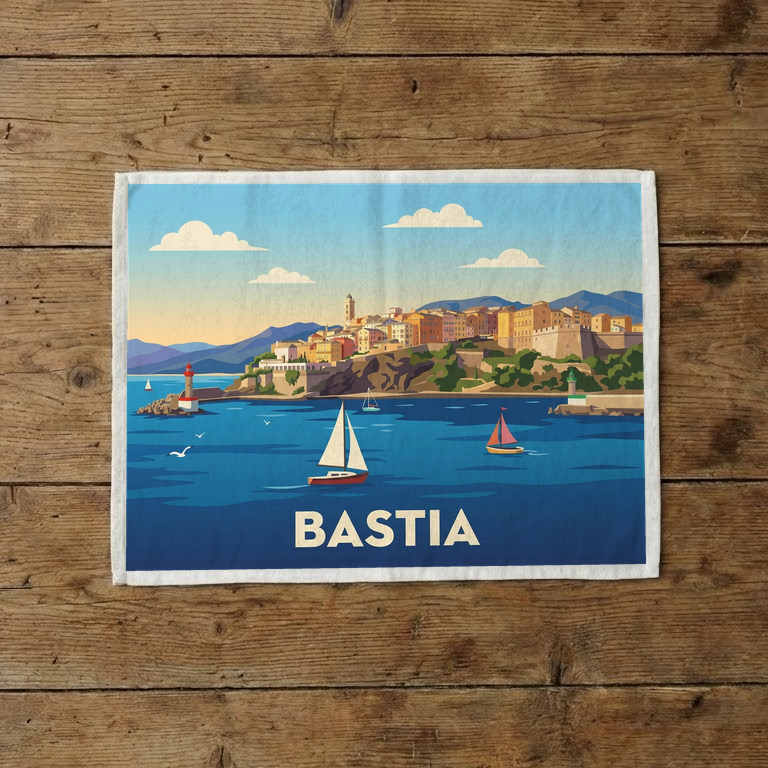 Torchon souvenir de la ville de Bastia avec une illustration stylisée du port.