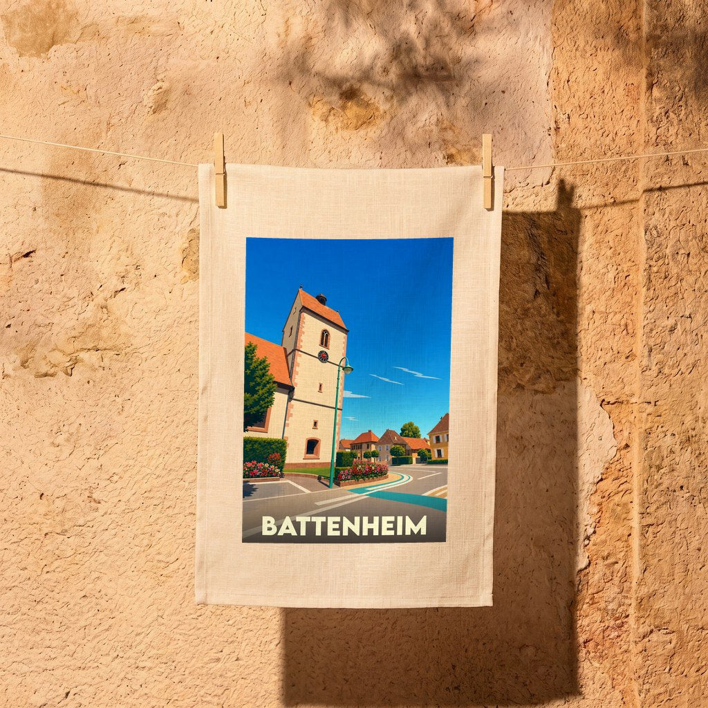 Torchon souvenir de la ville de Battenheim avec une illustration stylisée.