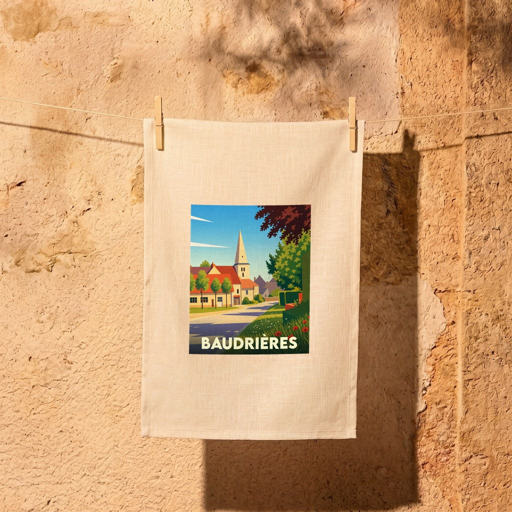 Torchon souvenir de la ville de Baudrières avec une illustration stylisée d'un paysage de village.