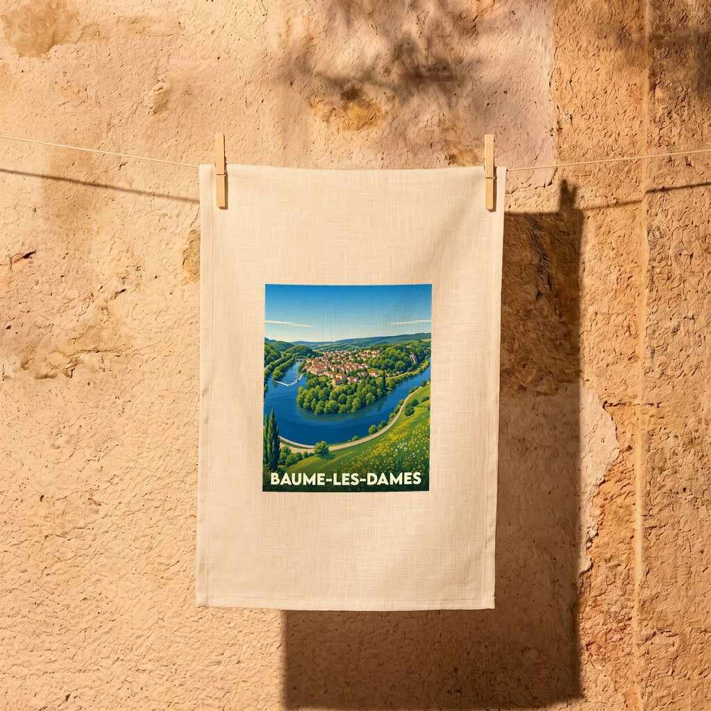 Torchon souvenir de la ville de Baume-les-Dames avec une illustration stylisée d'un méandre de rivière.