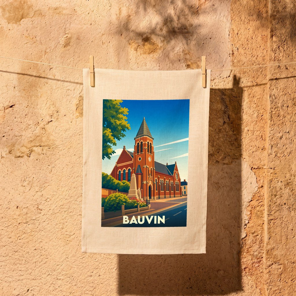Torchon souvenir de la ville de Bauvin avec une illustration stylisée de son église en briques rouges.