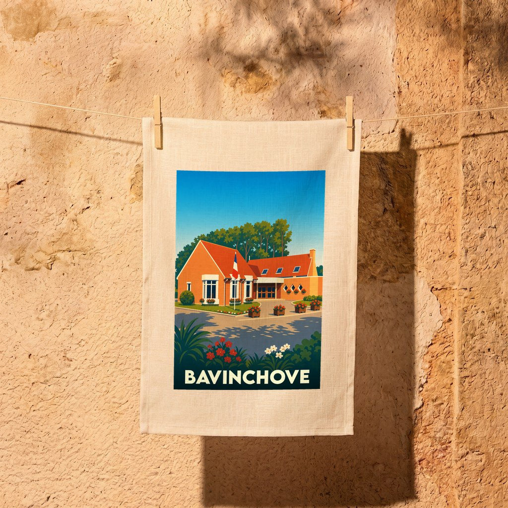 Torchon souvenir de la ville de Bavinchove avec une illustration stylisée et colorée de la mairie.