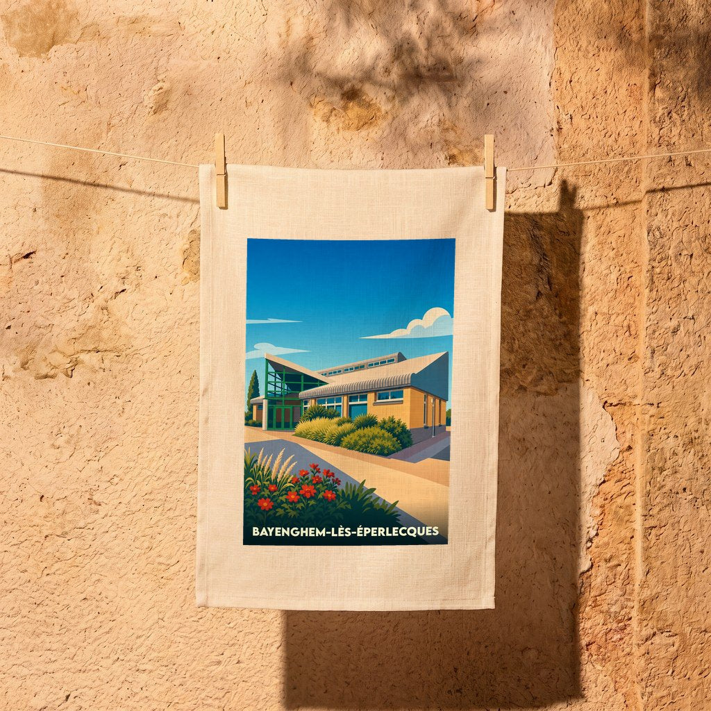 Torchon souvenir de la ville de Bayenghem-lès-Éperlecques avec une illustration stylisée d'un bâtiment moderne.