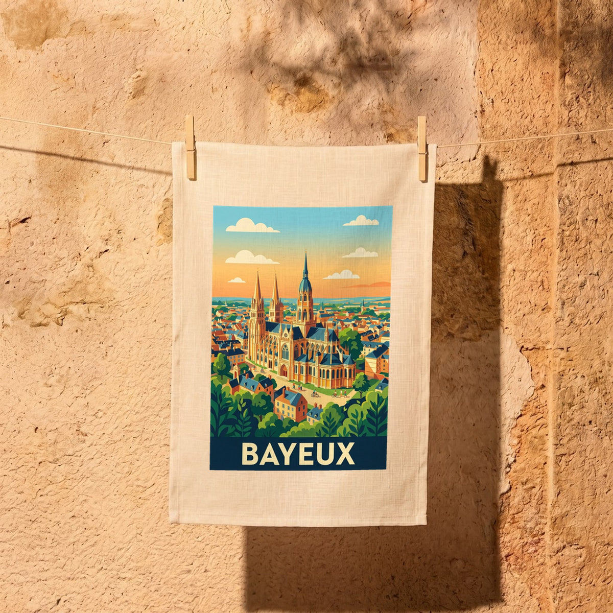 Torchon souvenir de la ville de Bayeux avec une illustration stylisée de son paysage urbain et de sa cathédrale.