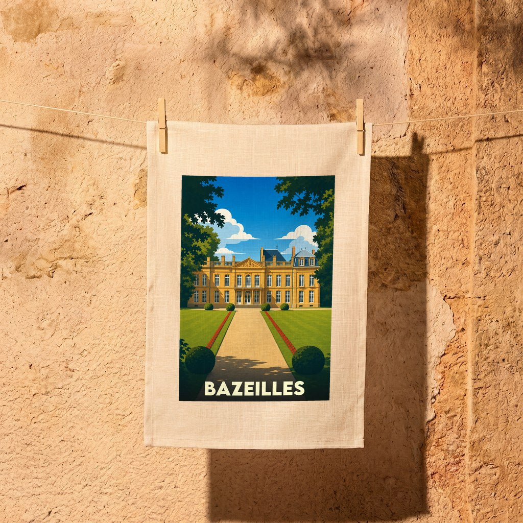 Torchon souvenir de la ville de Bazeilles illustré d'un château majestueux et de ses jardins à la française.