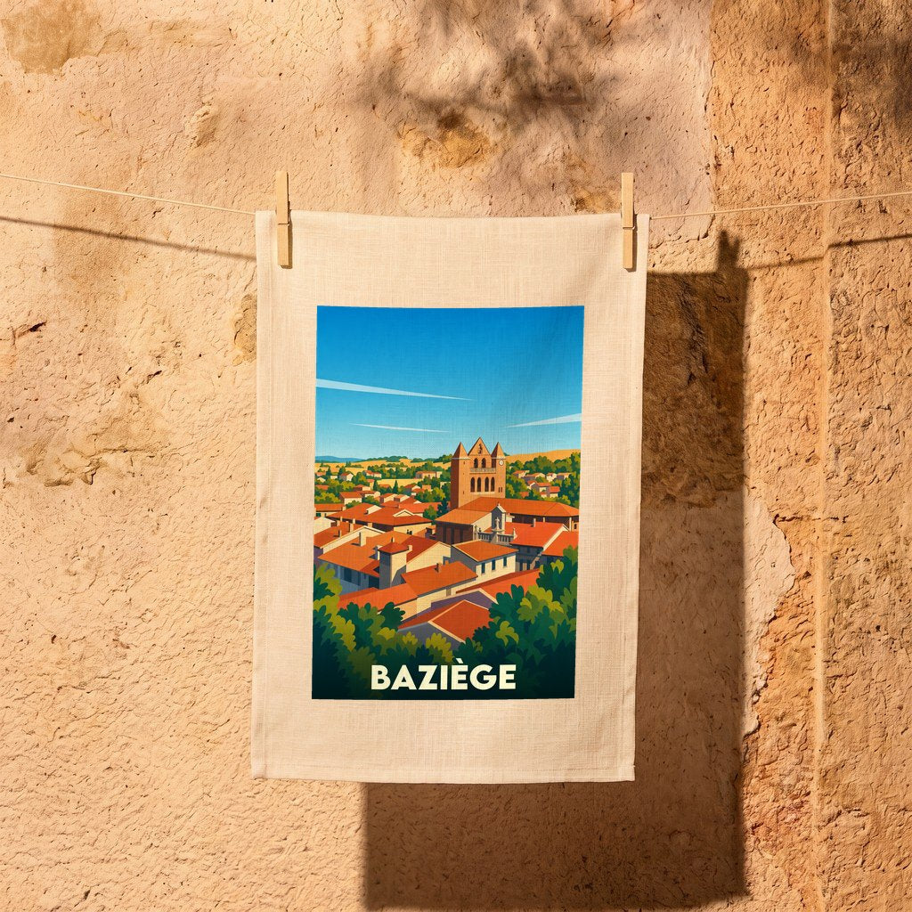 Torchon souvenir de la ville de Baziège avec une illustration stylisée.