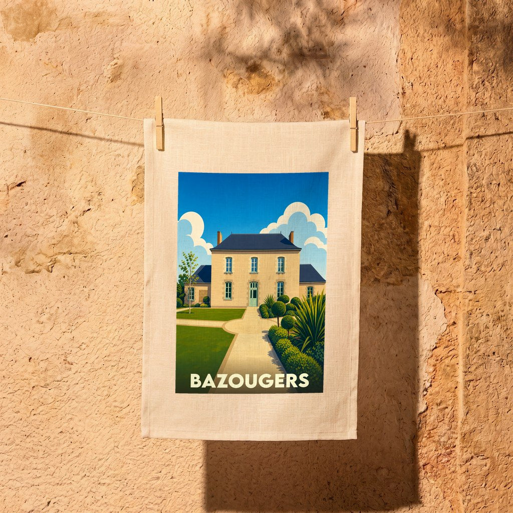 Torchon souvenir de la ville de Bazougers orné d'une illustration stylisée représentant une grande demeure et ses jardins.