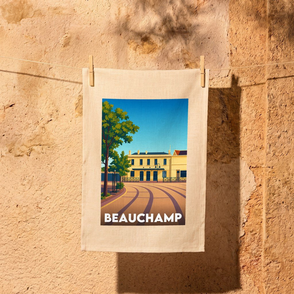 Torchon souvenir de la ville de Beauchamp orné d'une illustration stylisée de son architecture locale.