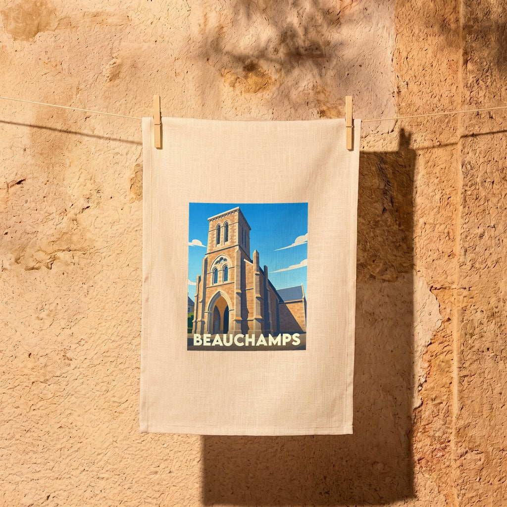 Torchon souvenir de la ville de Beauchamps avec une illustration stylisée de son église.