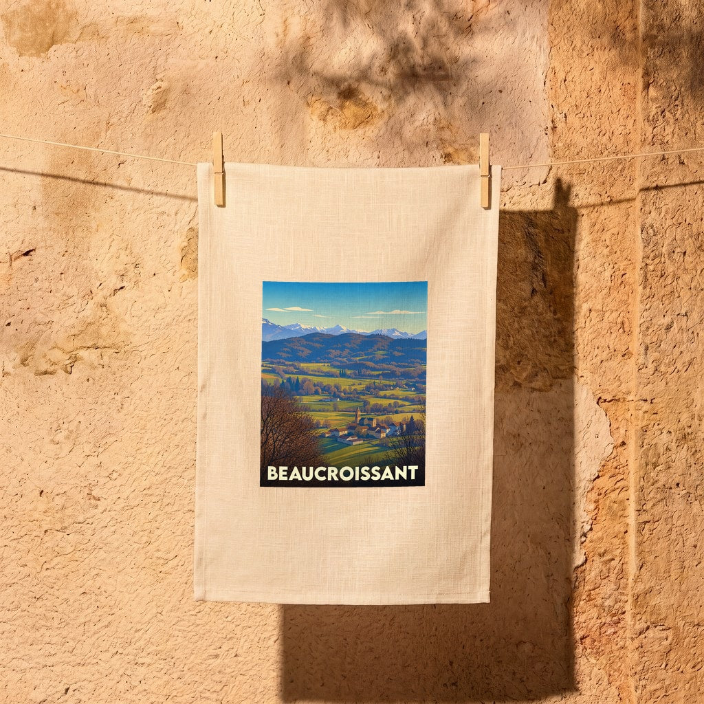 Torchon souvenir de la ville de Beaucroissant avec une illustration paysagère stylisée.