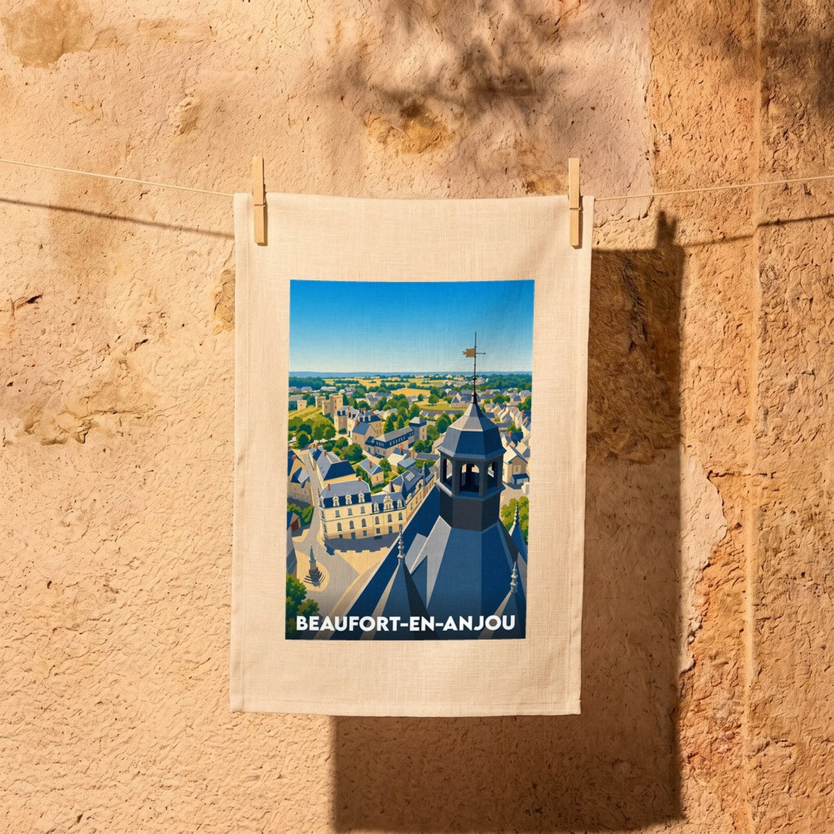 Torchon souvenir de la ville de Beaufort-en-Anjou avec une illustration stylisée vue du ciel.