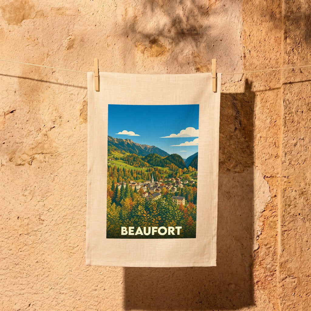 Torchon souvenir de la ville de Beaufort avec une illustration de paysage de montagne stylisée.