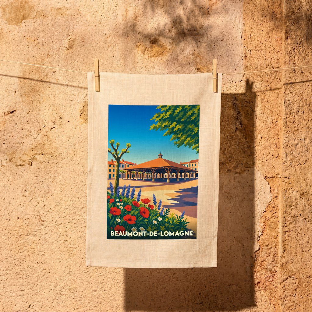 Torchon souvenir de la ville de Beaumont-de-Lomagne avec une illustration stylisée de sa halle médiévale.