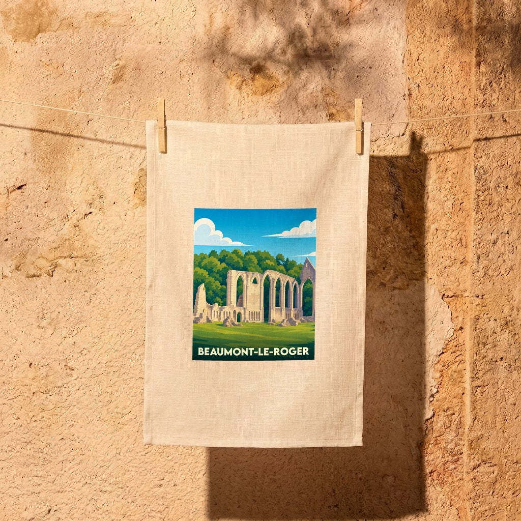 Torchon souvenir de la ville de Beaumont-le-Roger illustré d'une vue stylisée de ses abbayes en ruines.