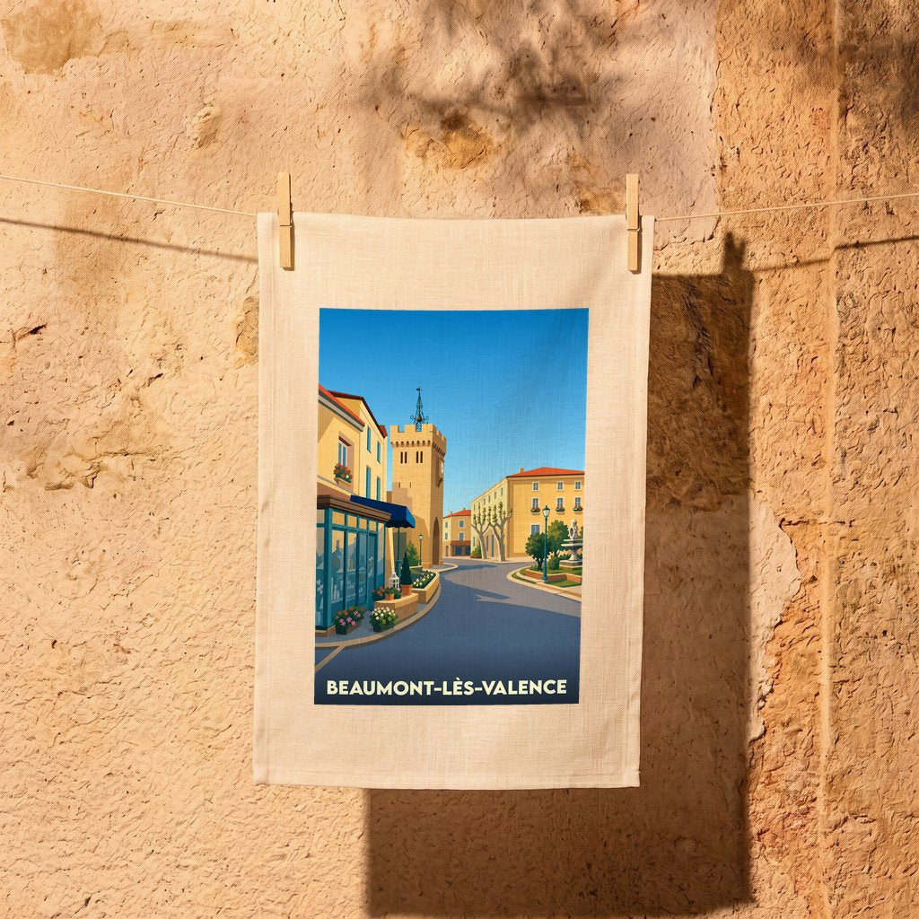 Torchon souvenir de la ville de Beaumont-lès-Valence illustré d'une scène urbaine pittoresque et colorée.