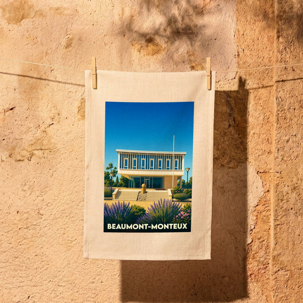 Torchon souvenir de la ville de Beaumont-Monteux avec une illustration graphique et colorée.