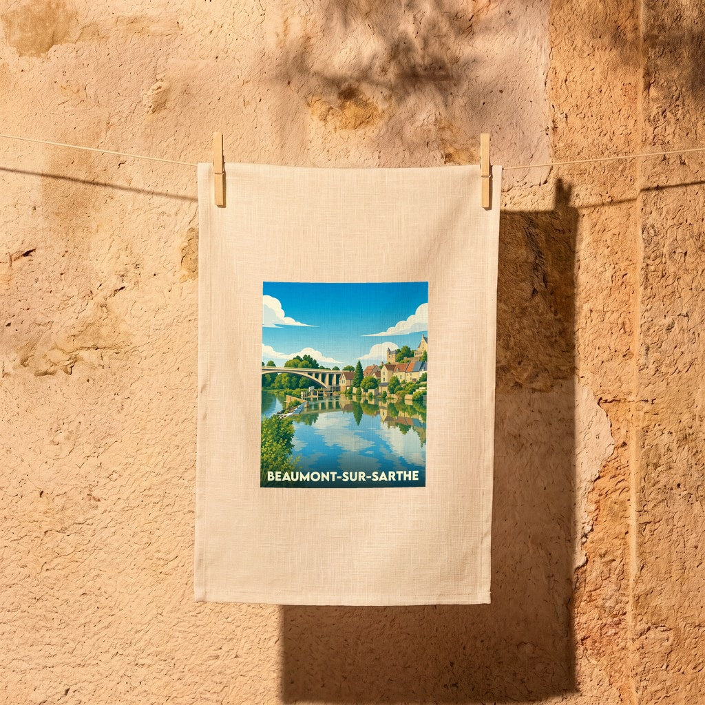 Torchon souvenir de Beaumont-sur-Sarthe orné d'une illustration stylisée du pont et de la ville au bord de l'eau.